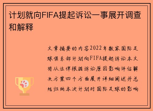 计划就向FIFA提起诉讼一事展开调查和解释